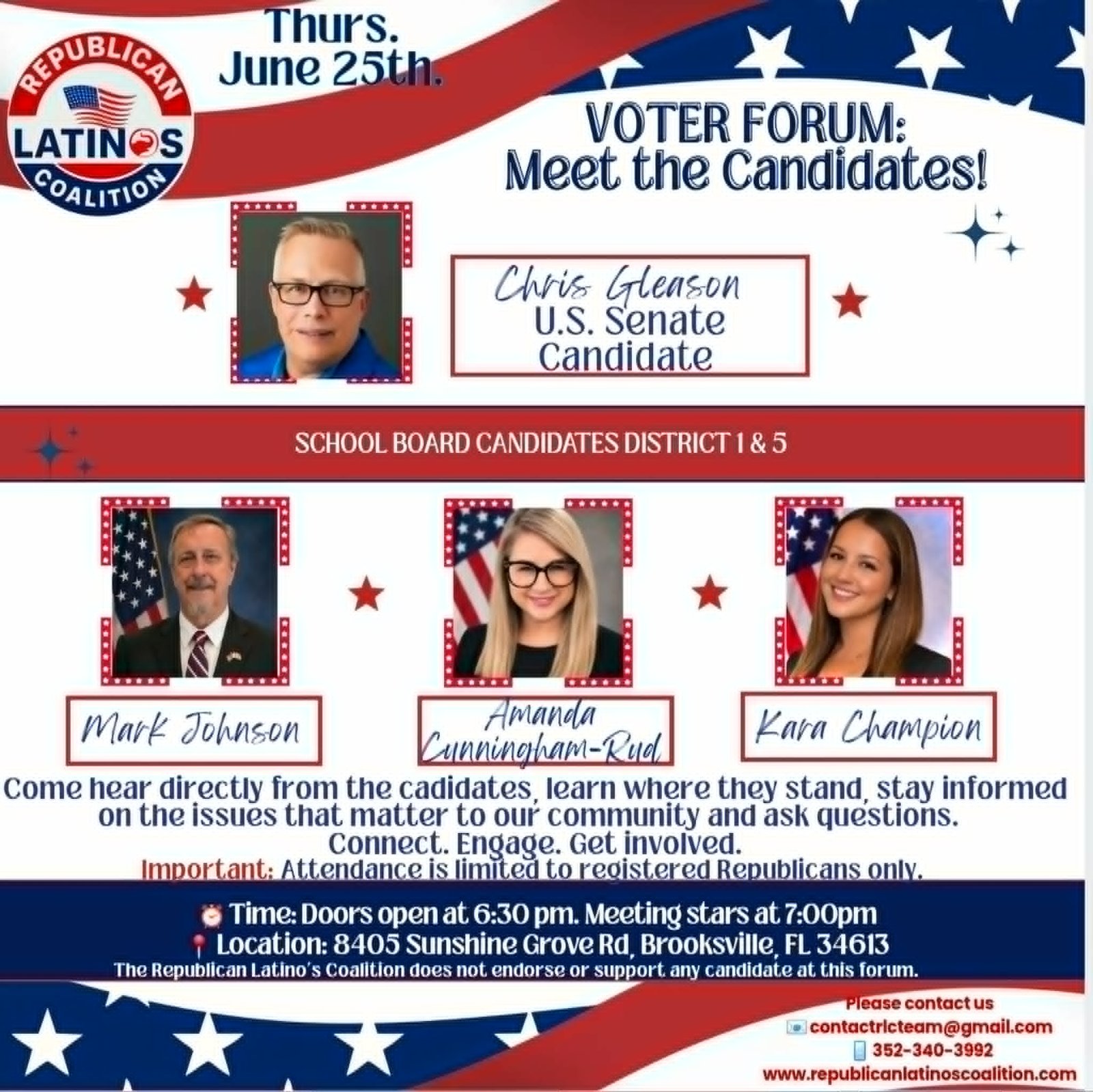 Guest speakers Chris Gleason and School Board Candidates Districts 1 & 5